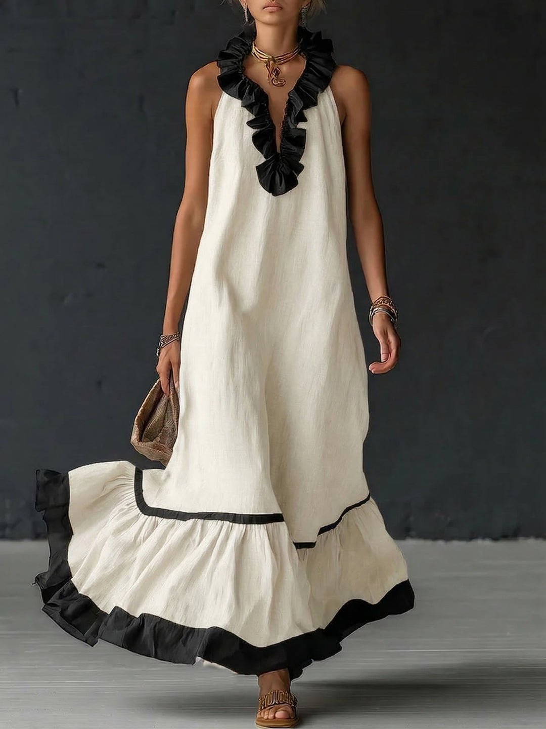 Natja - Ruffle Neck Linen Maxi Dress