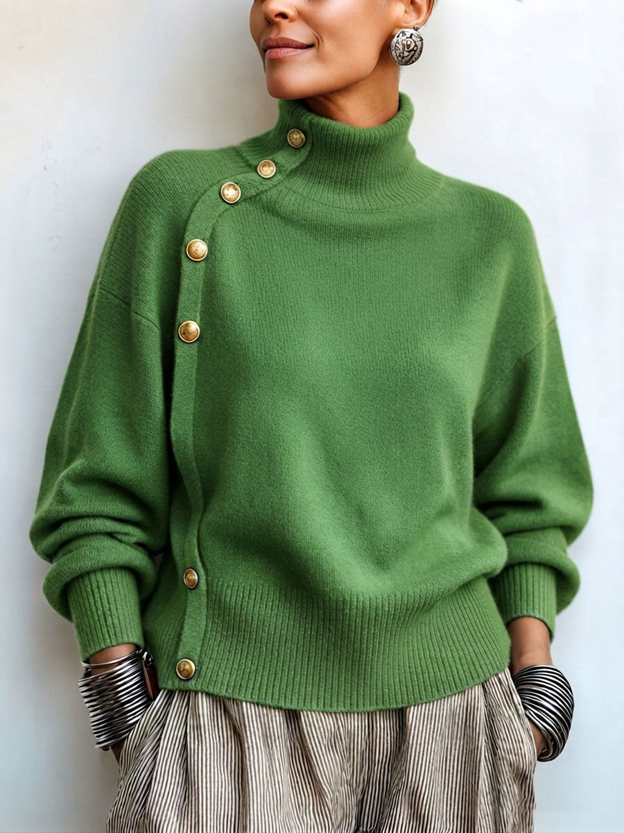 Idalisa - Turtleneck Button Trim Long Sleeve Sweater