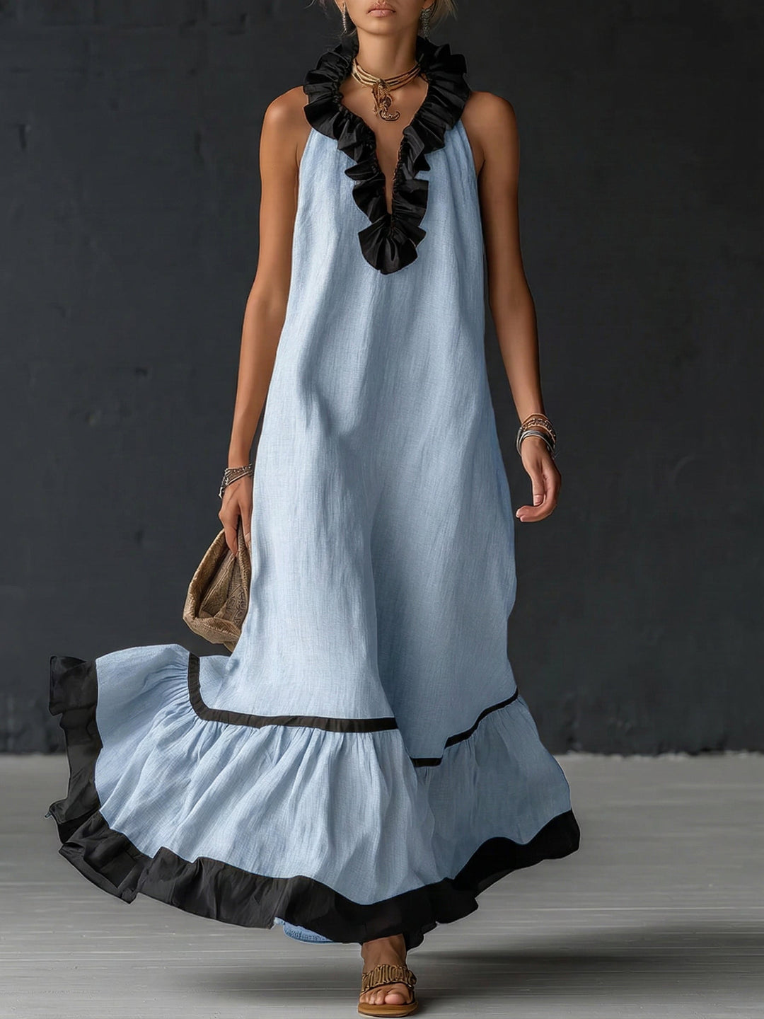 Natja - Ruffle Neck Linen Maxi Dress