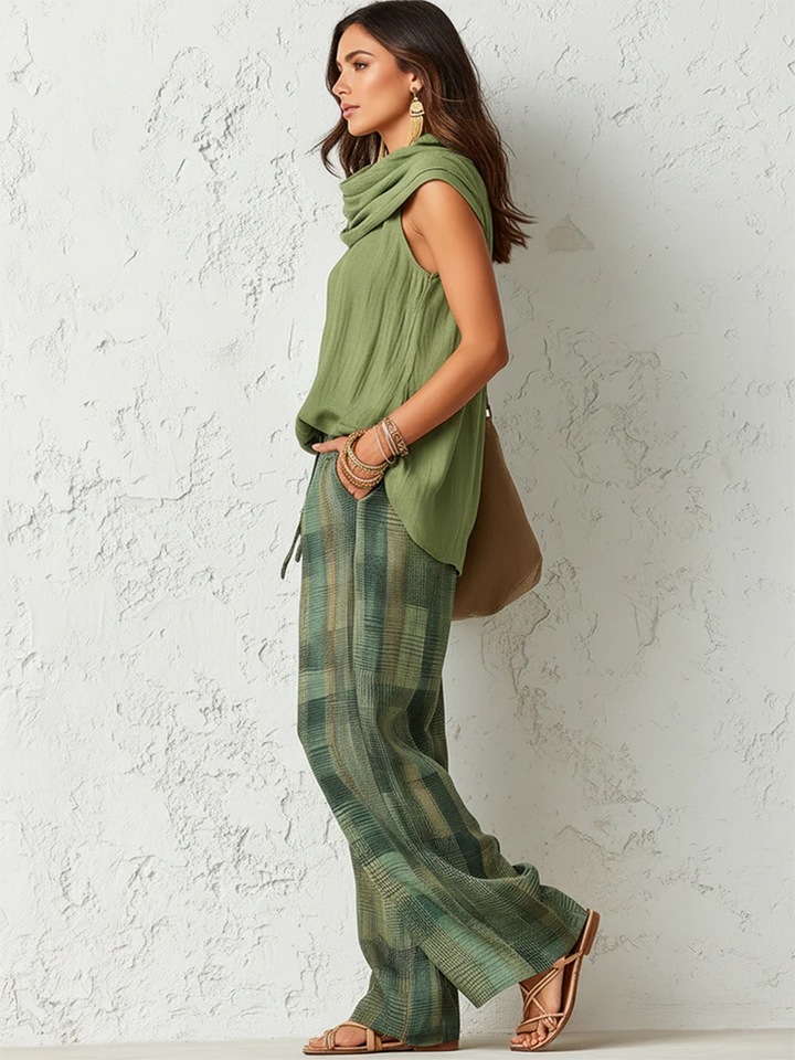 Nidya - Sage Breeze Sleeveless Top & Plaid Wide-Leg Pants Set