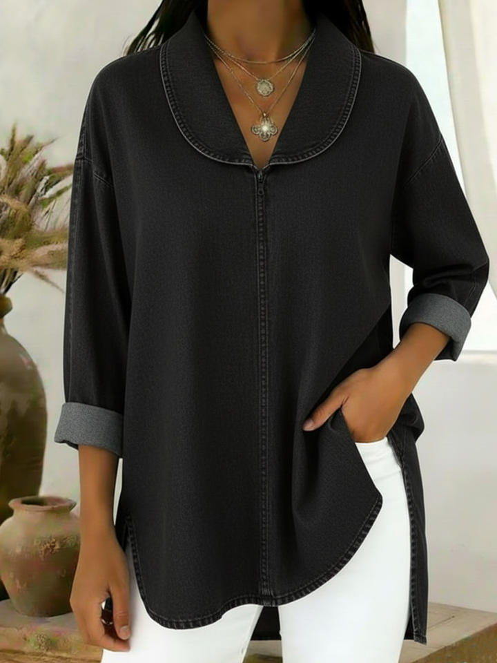 Gaetanaa - Retro Denim Top with Shawl Collar