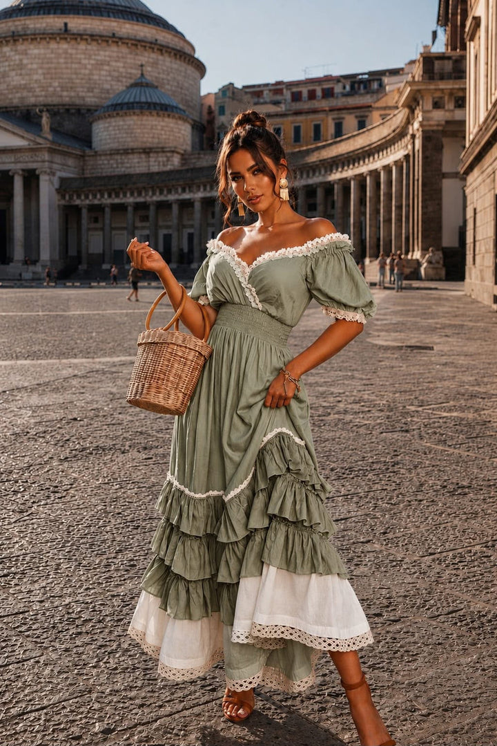 Naeun - Off Shoulder Ruffle Maxi Dress With Lace Trim