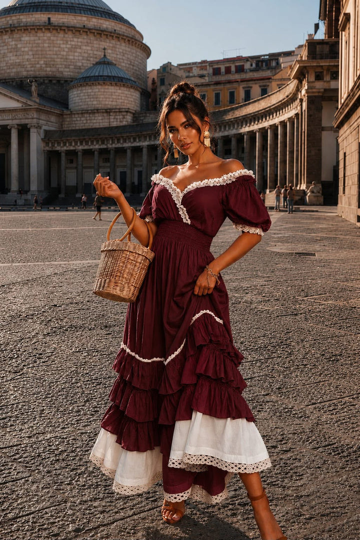 Naeun - Off Shoulder Ruffle Maxi Dress With Lace Trim