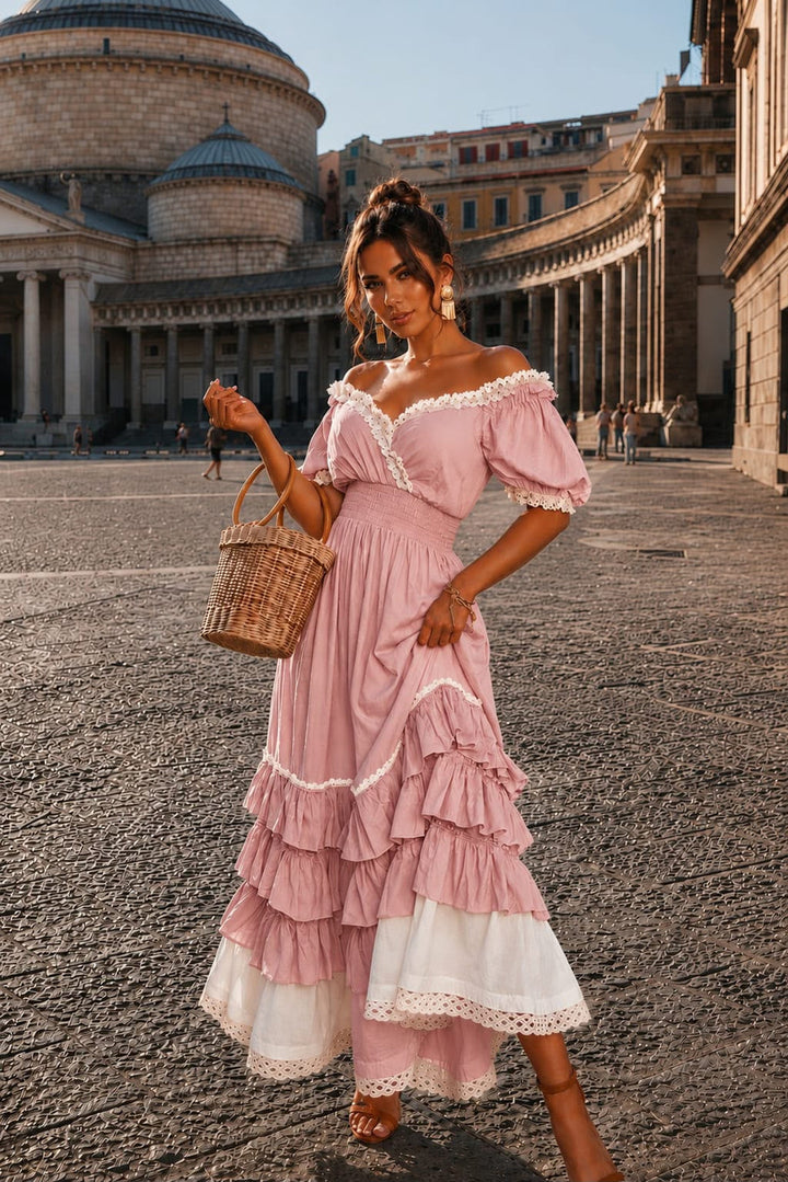 Naeun - Off Shoulder Ruffle Maxi Dress With Lace Trim