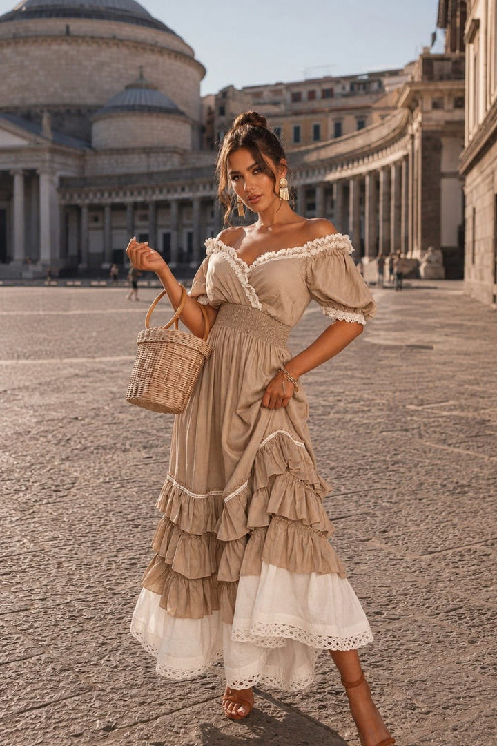 Naeun - Off Shoulder Ruffle Maxi Dress With Lace Trim