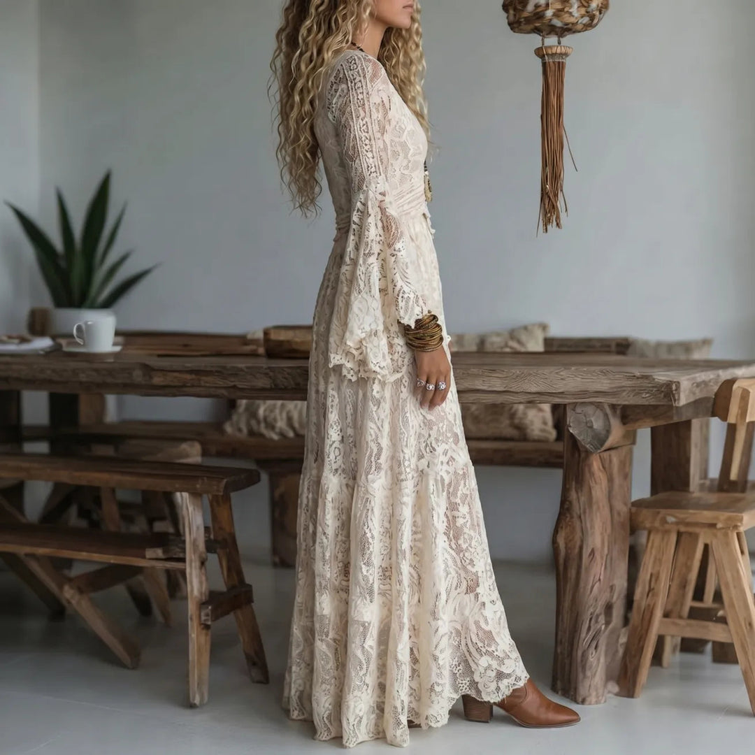 Chariya - Floral Lace Bell Sleeve Bohemian Maxi Dress