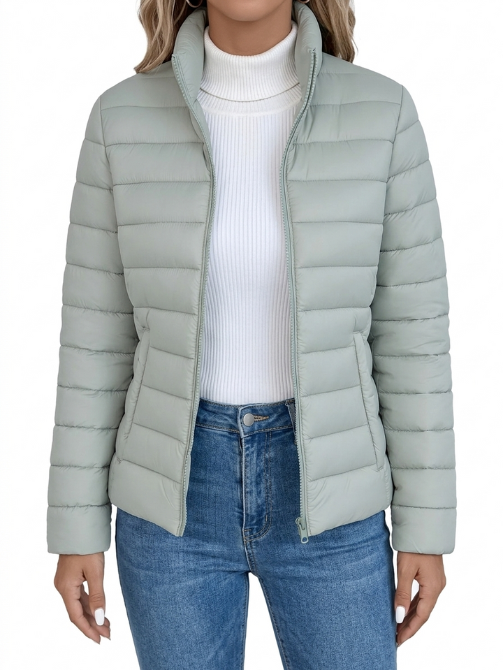 Renaetta - Quilted Stand Collar Zip Up Puffer Jacket