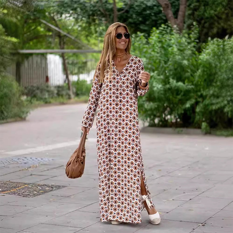 Henar - Boho Long Sleeve Dress With V Neck