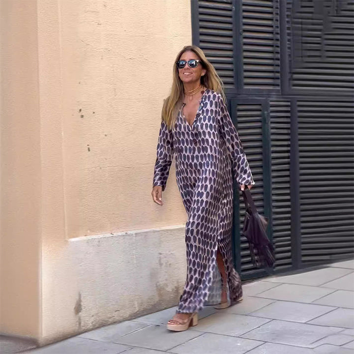 Henar - Boho Long Sleeve Dress With V Neck