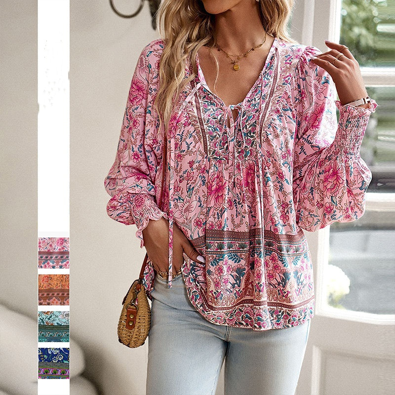Katia - Fashionable Printed V-neck Long Sleeve Shirt
