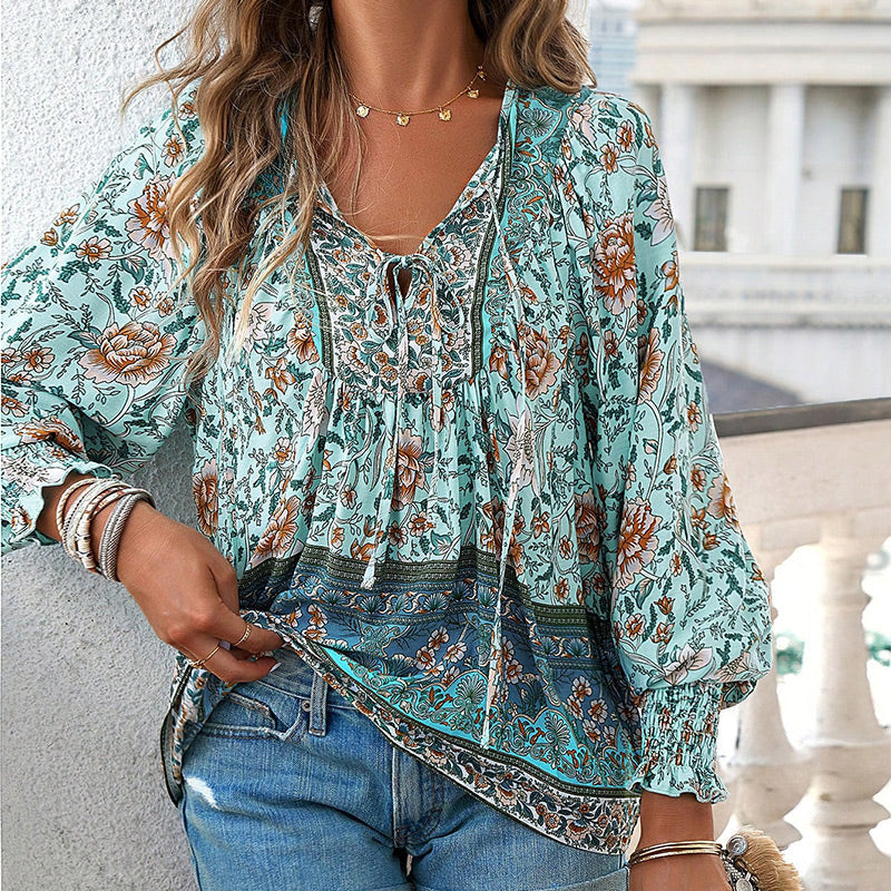 Katia - Fashionable Printed V-neck Long Sleeve Shirt