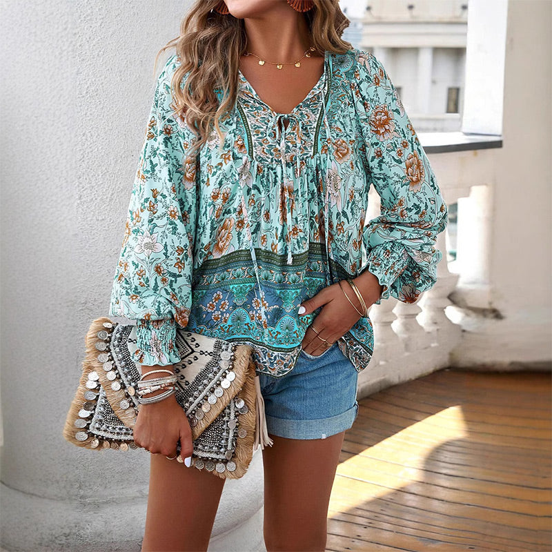 Katia - Fashionable Printed V-neck Long Sleeve Shirt