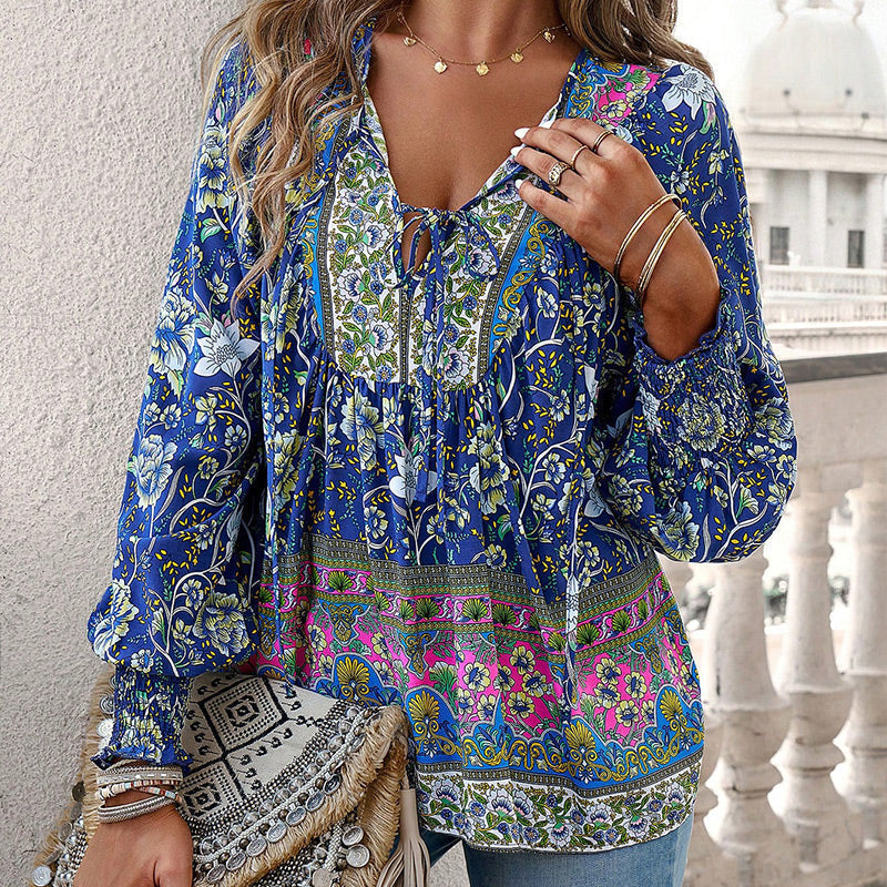 Katia - Fashionable Printed V-neck Long Sleeve Shirt
