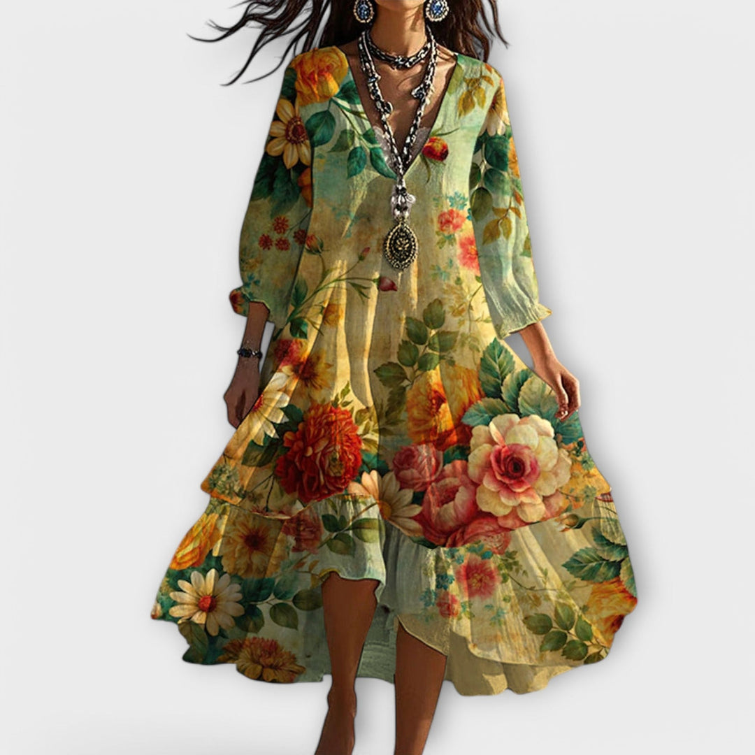 Aida - Elegant Floral Print Midi Dress