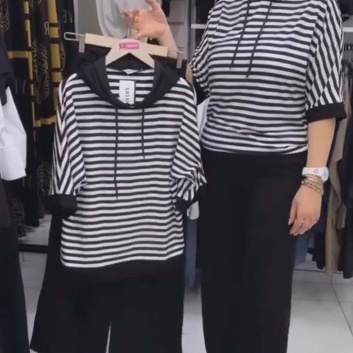 Dwiska - Stripped Top And Solid Pants Set