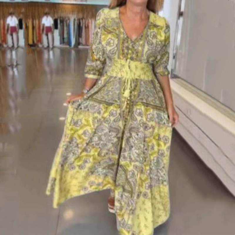 Aliye - Elegant Floral Drawstring Long Dress