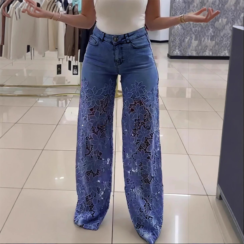 Efthymia - Patchwork Denim Jeans With Fashionable Lace