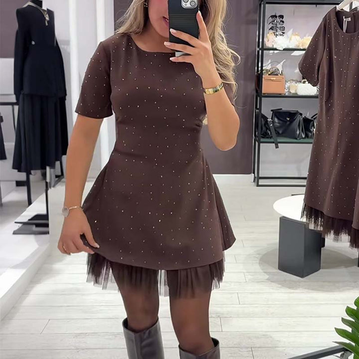 Fawnia - Glittering Mini Dress with Short Sleeves and Lace Trim