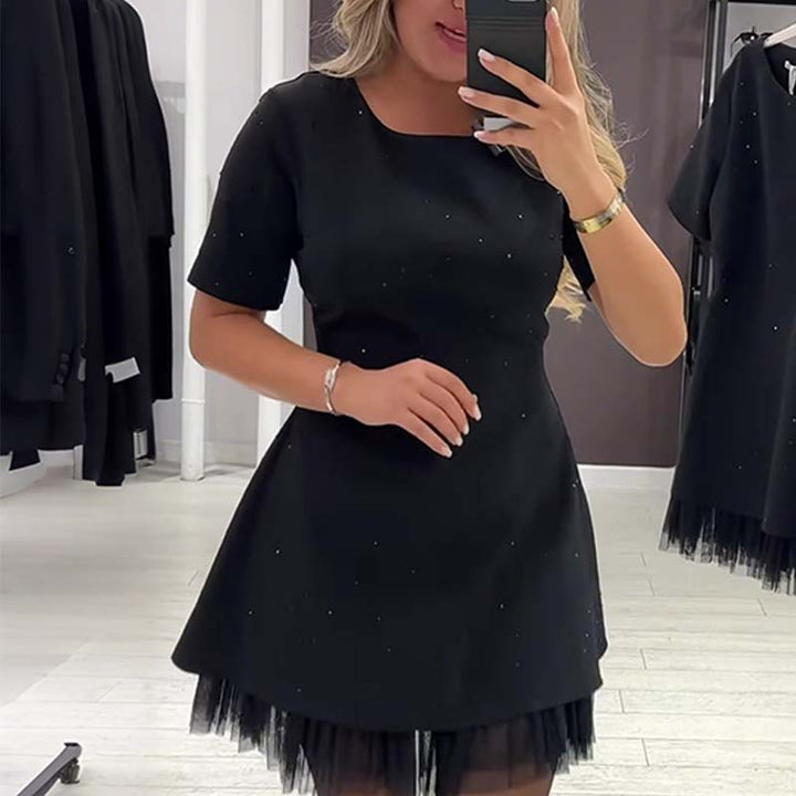 Fawnia - Glittering Mini Dress with Short Sleeves and Lace Trim