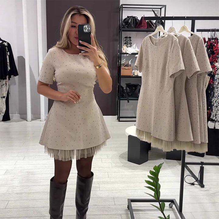 Fawnia - Glittering Mini Dress with Short Sleeves and Lace Trim