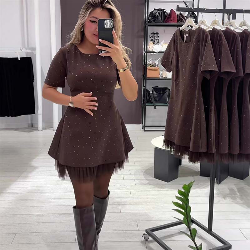 Fawnia - Glittering Mini Dress with Short Sleeves and Lace Trim