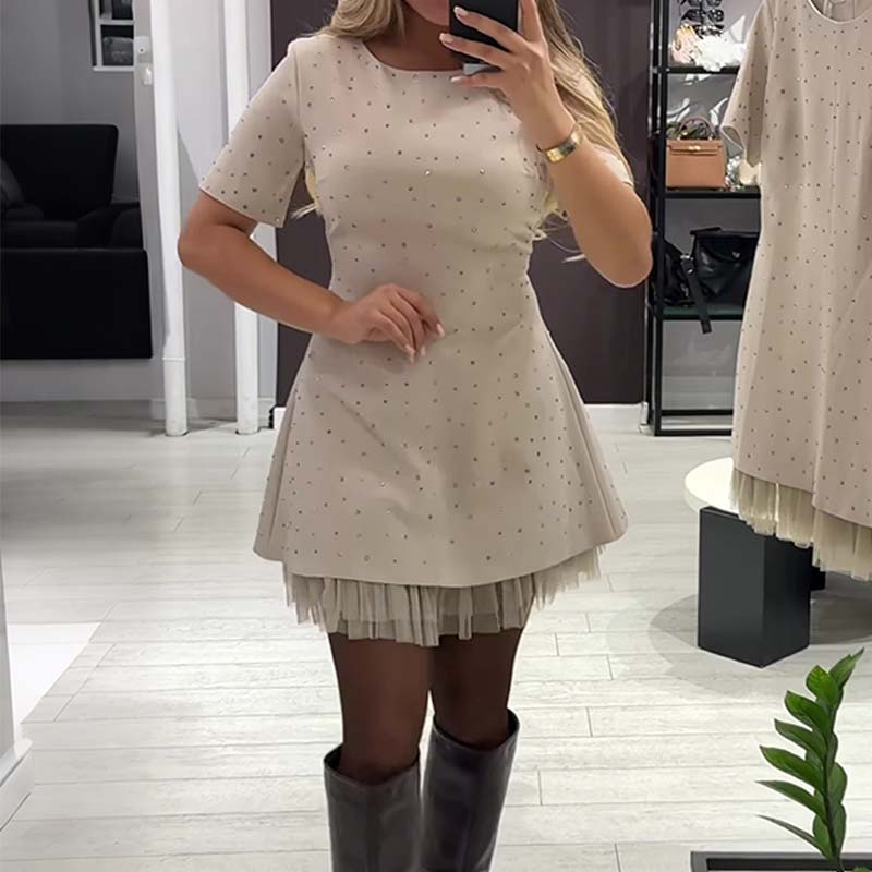 Fawnia - Glittering Mini Dress with Short Sleeves and Lace Trim