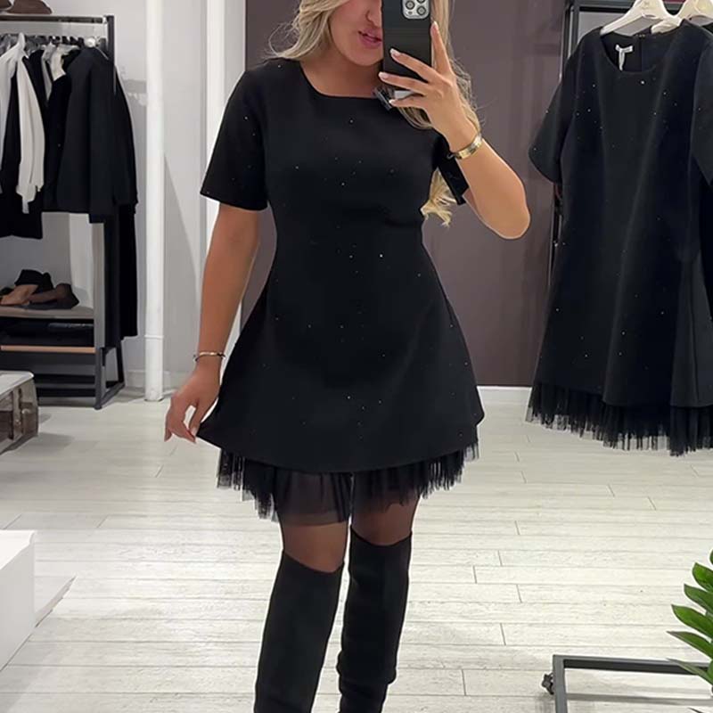 Fawnia - Glittering Mini Dress with Short Sleeves and Lace Trim