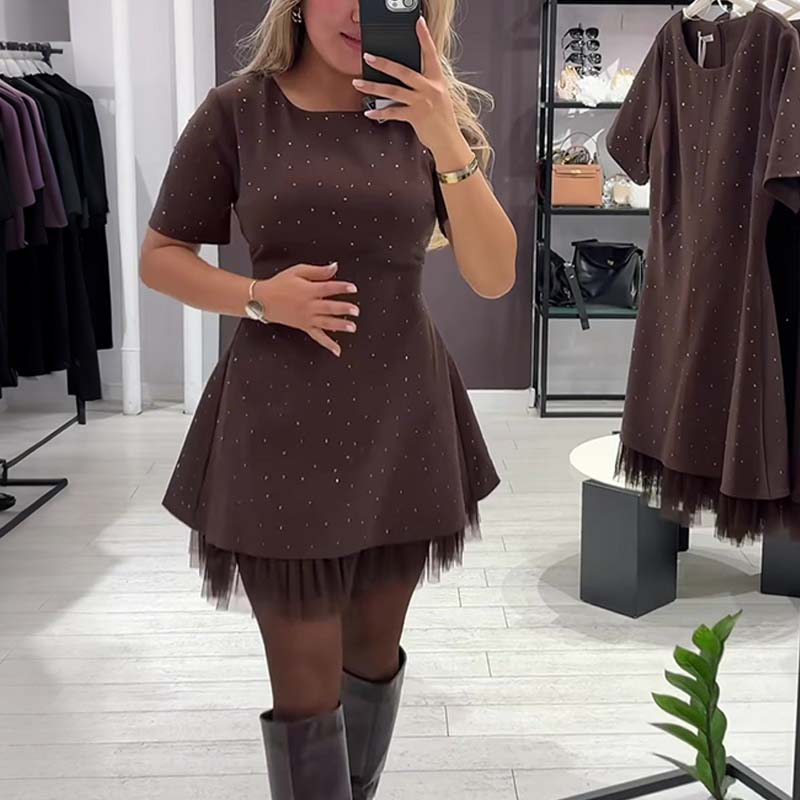 Fawnia - Glittering Mini Dress with Short Sleeves and Lace Trim