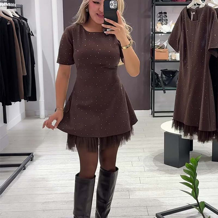 Fawnia - Glittering Mini Dress with Short Sleeves and Lace Trim