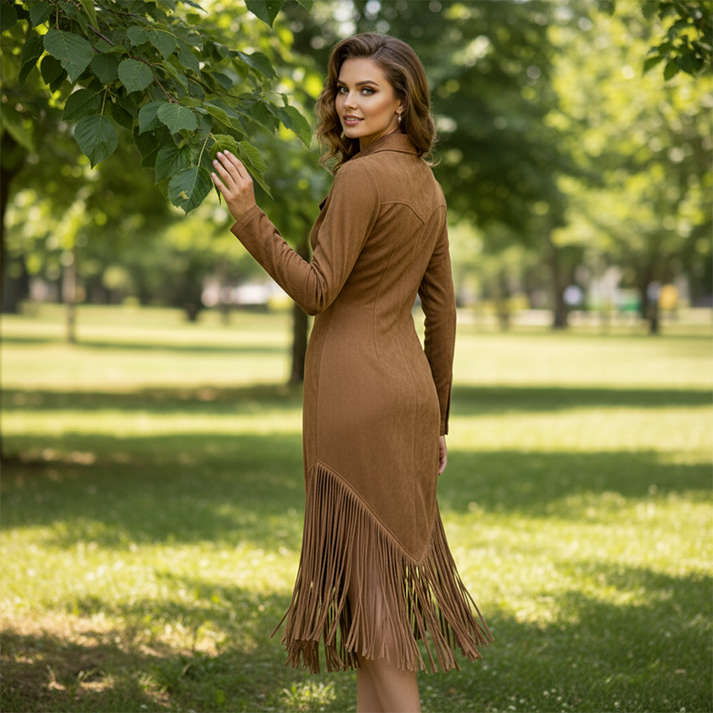 Alira - Front Zip Collared Fringe Midi Dress