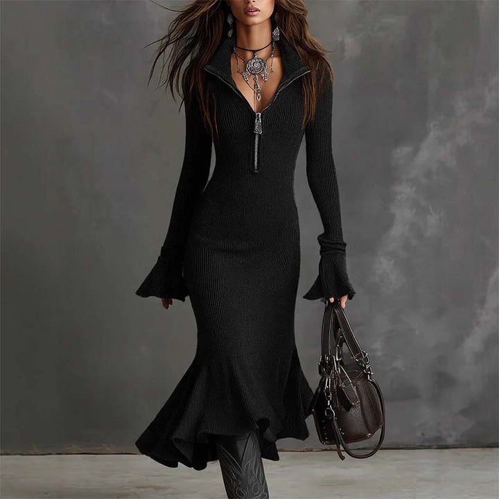 Yafella - Elegance Knitted Dress With Zipper & Flare Sleeves