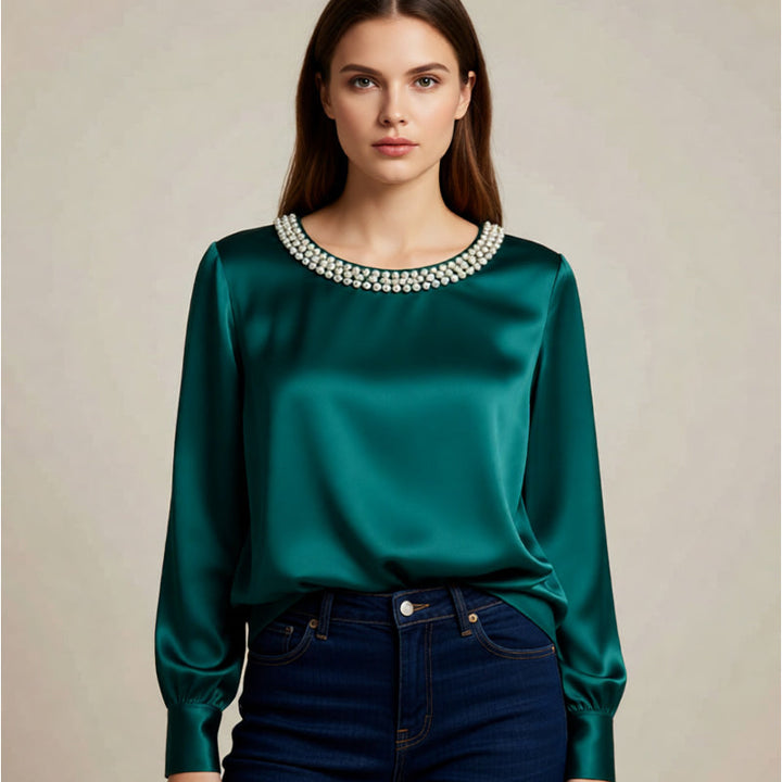 Quitterie - Satin Blouse With Pearl Collar