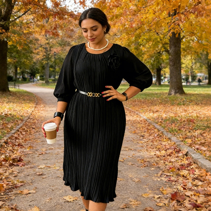 Ingeborga - Pleated Midi Dress With 3/4 Sleeves And Belt