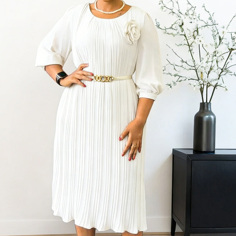 Ingeborga - Pleated Midi Dress With 3/4 Sleeves And Belt