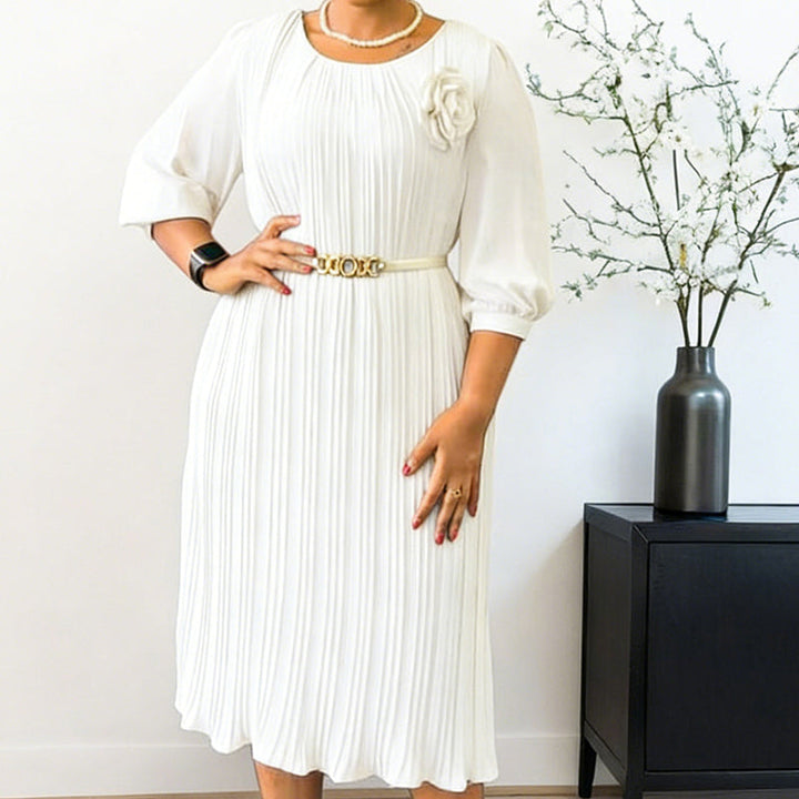 Ingeborga - Pleated Midi Dress With 3/4 Sleeves And Belt