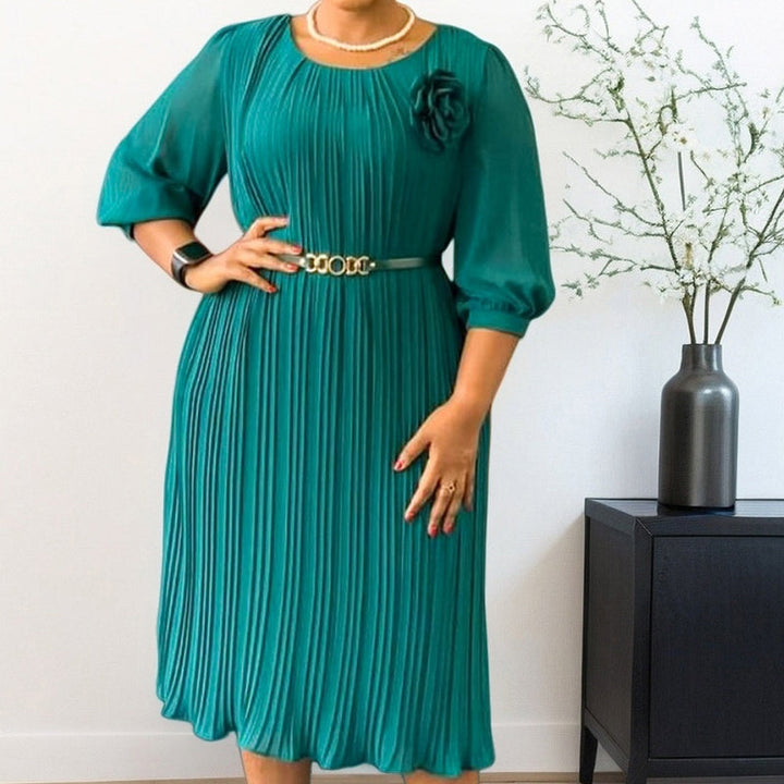 Ingeborga - Pleated Midi Dress With 3/4 Sleeves And Belt