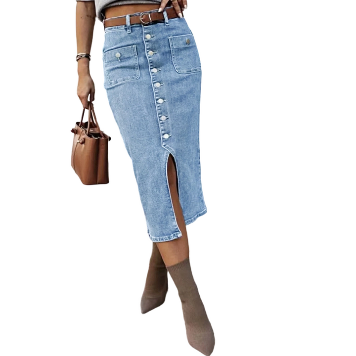 Ralisia - High Waisted Denim Skirt With Button