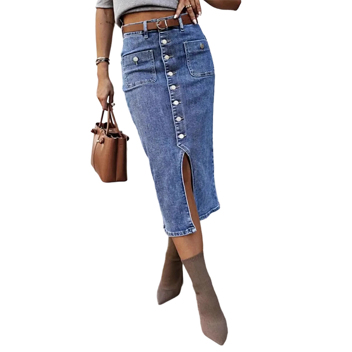 Ralisia - High Waisted Denim Skirt With Button