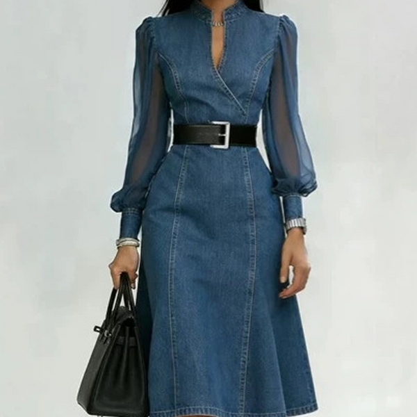Rosaora - Dress With Sheer Long Sleeves and Belt