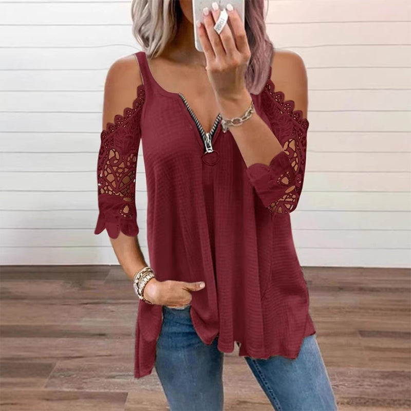 Palchuk - Elegant Lace Blouse With Open Shoulder