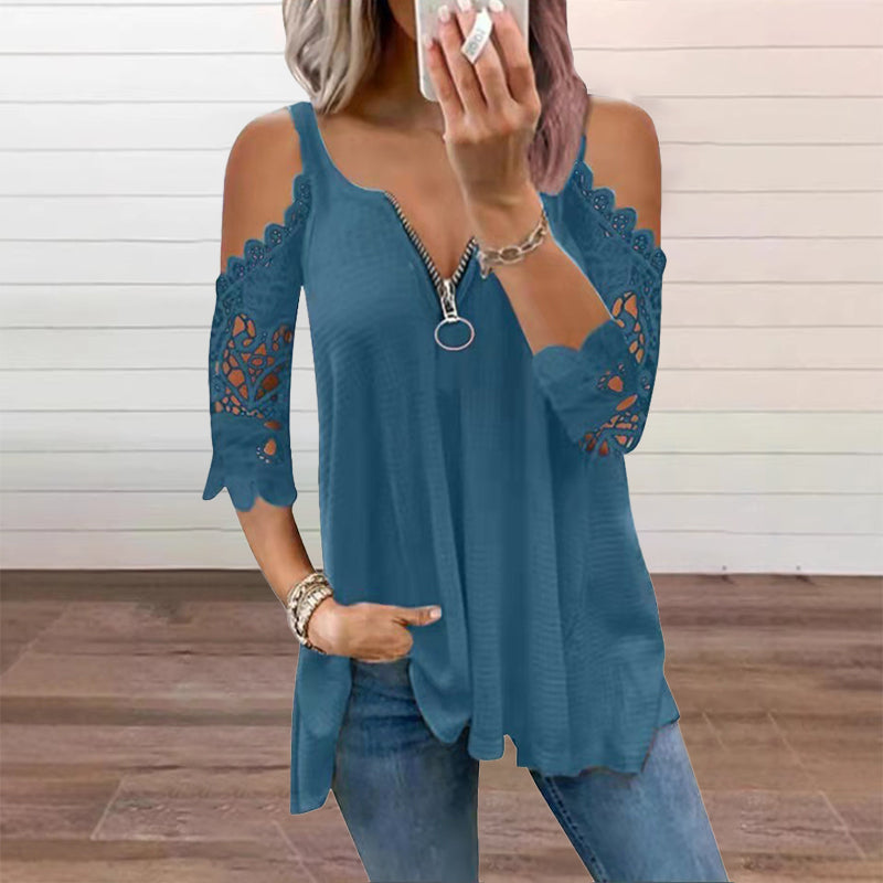 Palchuk - Elegant Lace Blouse With Open Shoulder