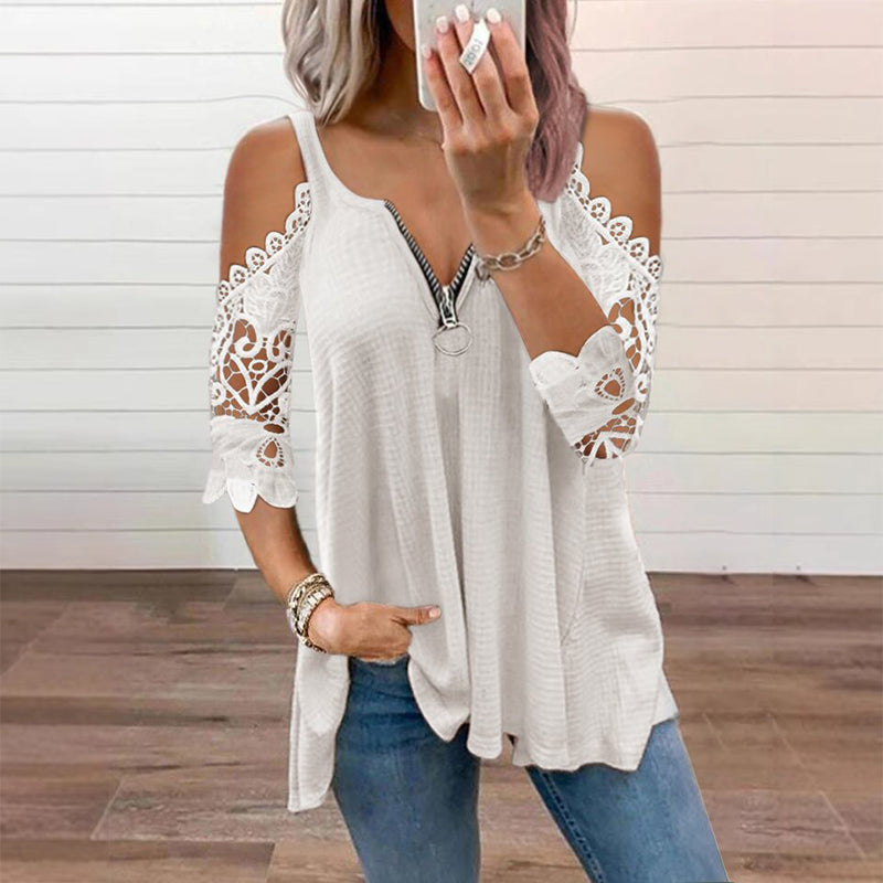 Palchuk - Elegant Lace Blouse With Open Shoulder