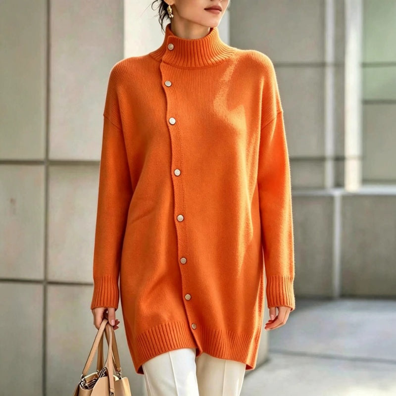 Renette - Longline Knit Sweater With Turtleneck and Buttons