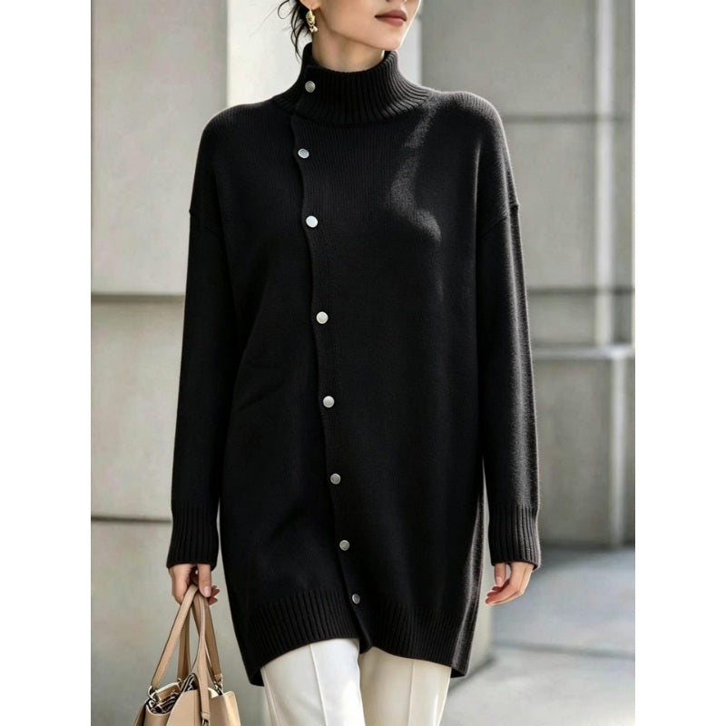 Renette - Longline Knit Sweater With Turtleneck and Buttons
