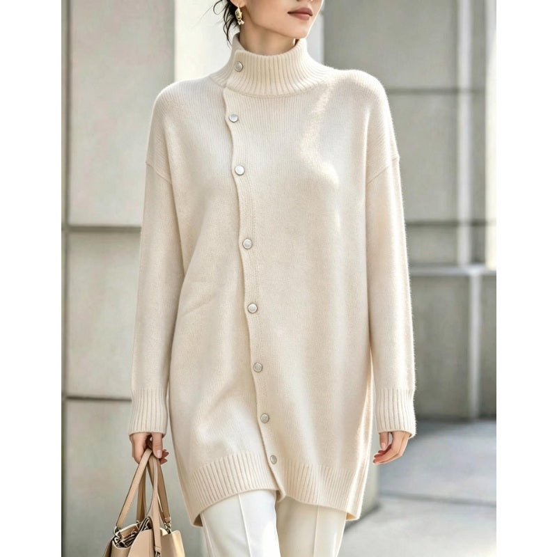 Renette - Longline Knit Sweater With Turtleneck and Buttons