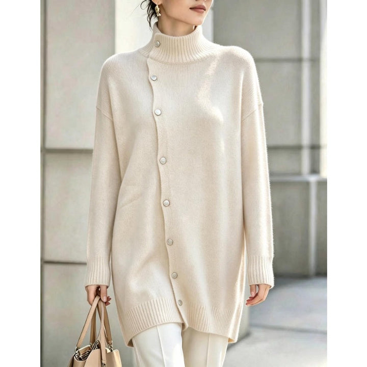Renette - Longline Knit Sweater With Turtleneck and Buttons