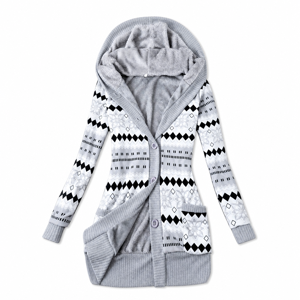 Lucris - Geometric Print Hooded Cardigan