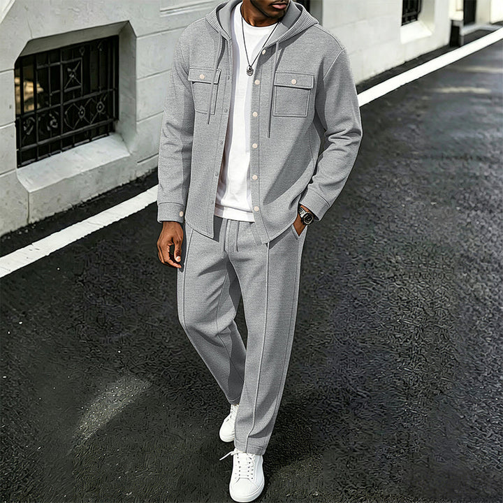 Zinuflow - Waffle Print Hooded Jacket And Pants Set