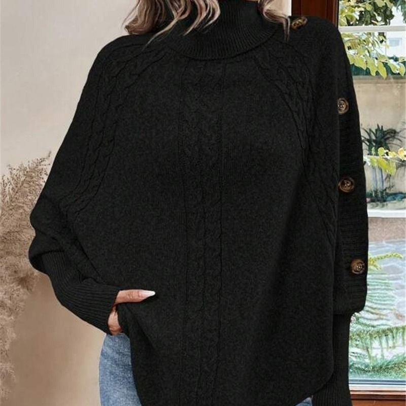 Marisois - Elegant High Neck Asymmetrical Hem Cape Sweater
